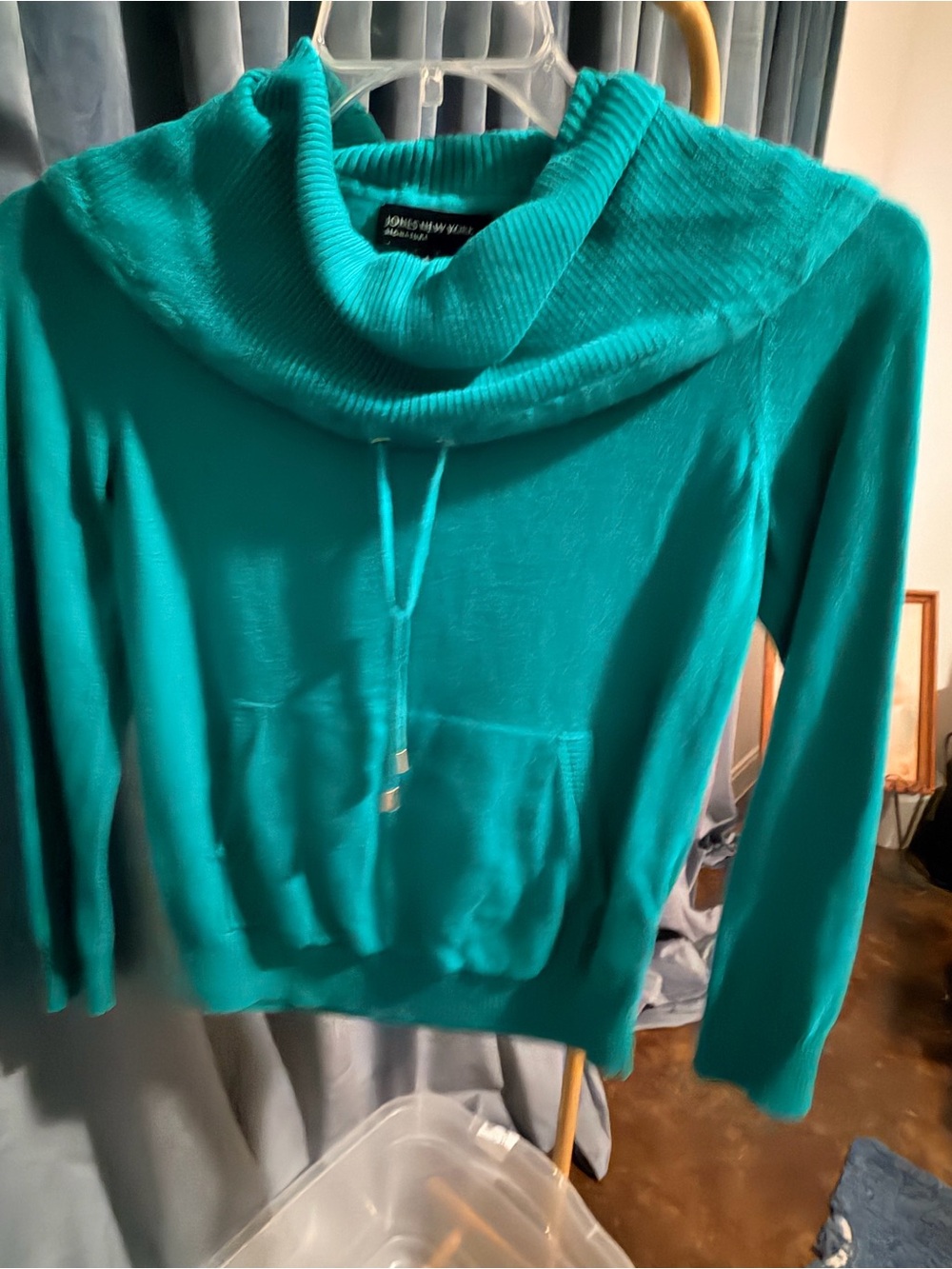 Jones New York Teal Cowl Neck Sweater with Kangaroo Pocket